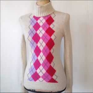 Express |New with Tags Pink Argyles Cashmere Turtleneck Sweater Small Fine Gauge